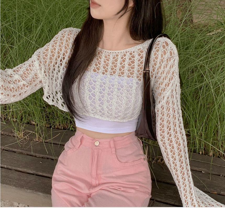 Long-Sleeve Boat Neck Plain Perforated Crop Knit Top Product Image