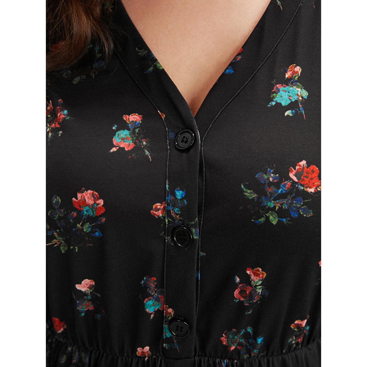 Plus Size Ditsy Floral Button Up Pocket Split Hem Dress BlackFlower Women Elegant Slit V-neck Curvy Midi Dress BloomChic 26/4X Product Image