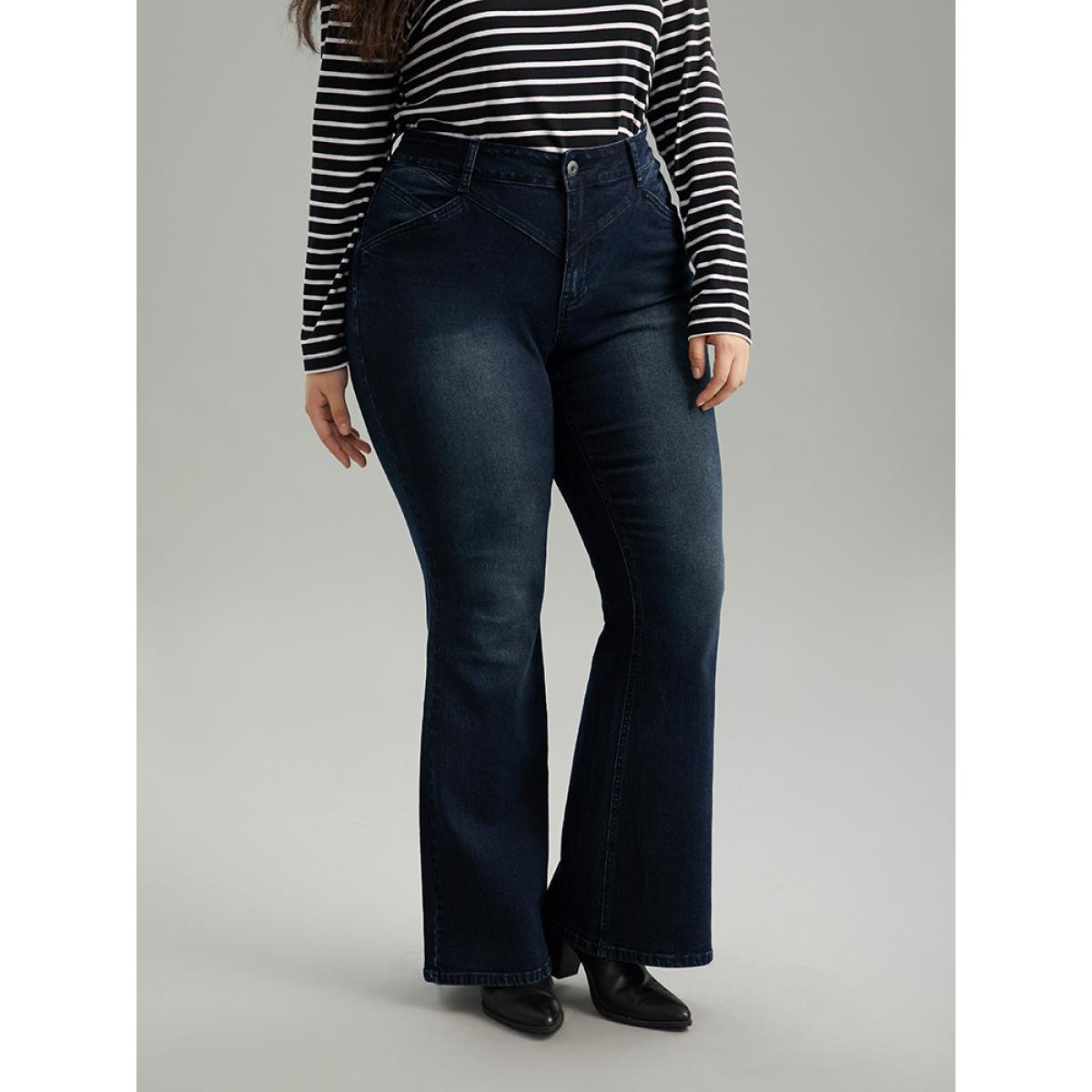 Plus Size Flare Leg Very Stretchy Pleated Patchwork Jeans Women Midnight Casual Plain Plain High stretch Pocket Jeans BloomChic 16/1X Product Image