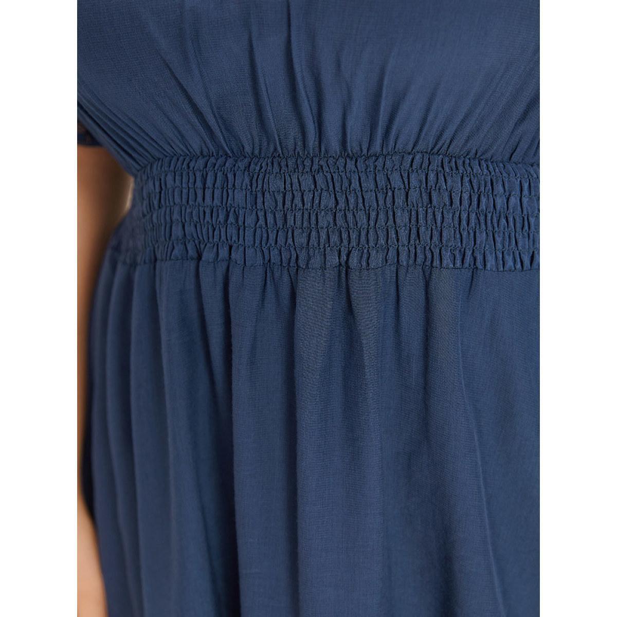Plus Size Indigo Supersoft Essentials Crochet Lace Mesh Shirred Ruffle Hem Gathered Blouse Women Elegant Short sleeve Square Neck Dailywear Blouses BloomChic 10/M Product Image