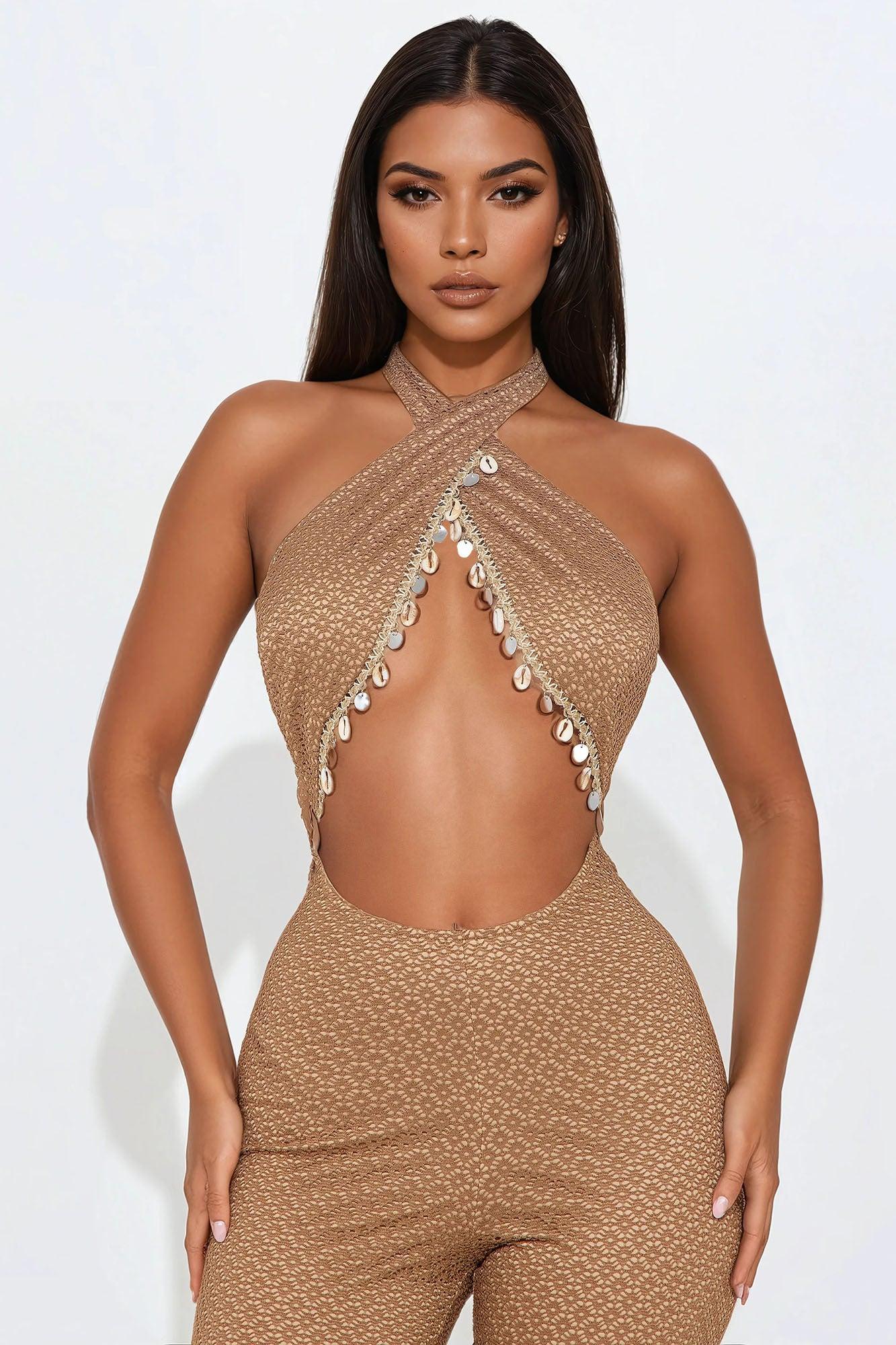 Tulum Beach Club Crochet Jumpsuit - Mocha Product Image