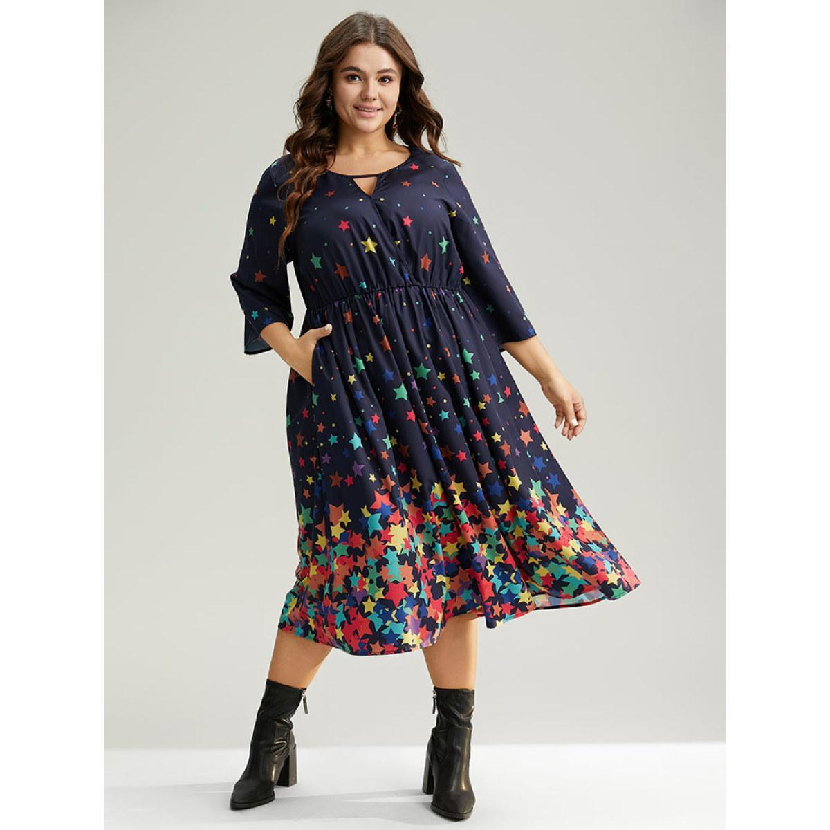 Plus Size Star Print Keyhole Pocket Elastic Waist Dress Indigo Women Elegant Printed Keyhole Cut-Out Elbow-length sleeve Curvy Midi Dress BloomChic 22-24/3X Product Image