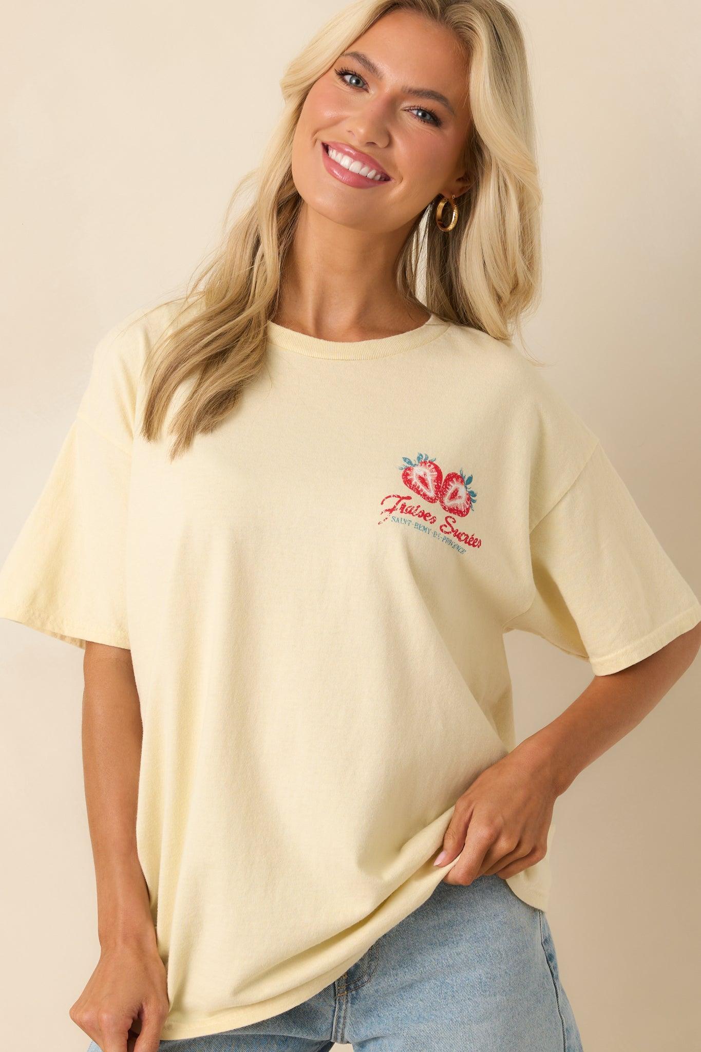 Picked Just For You Butter Yellow Cotton Strawberry Graphic Tee Product Image