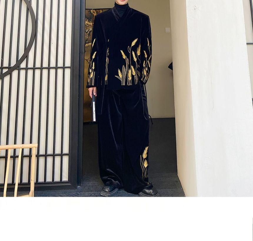 Set: Embroidered Velvet Tie Front Jacket + Mid Rise Wide Leg Dress Pants Product Image