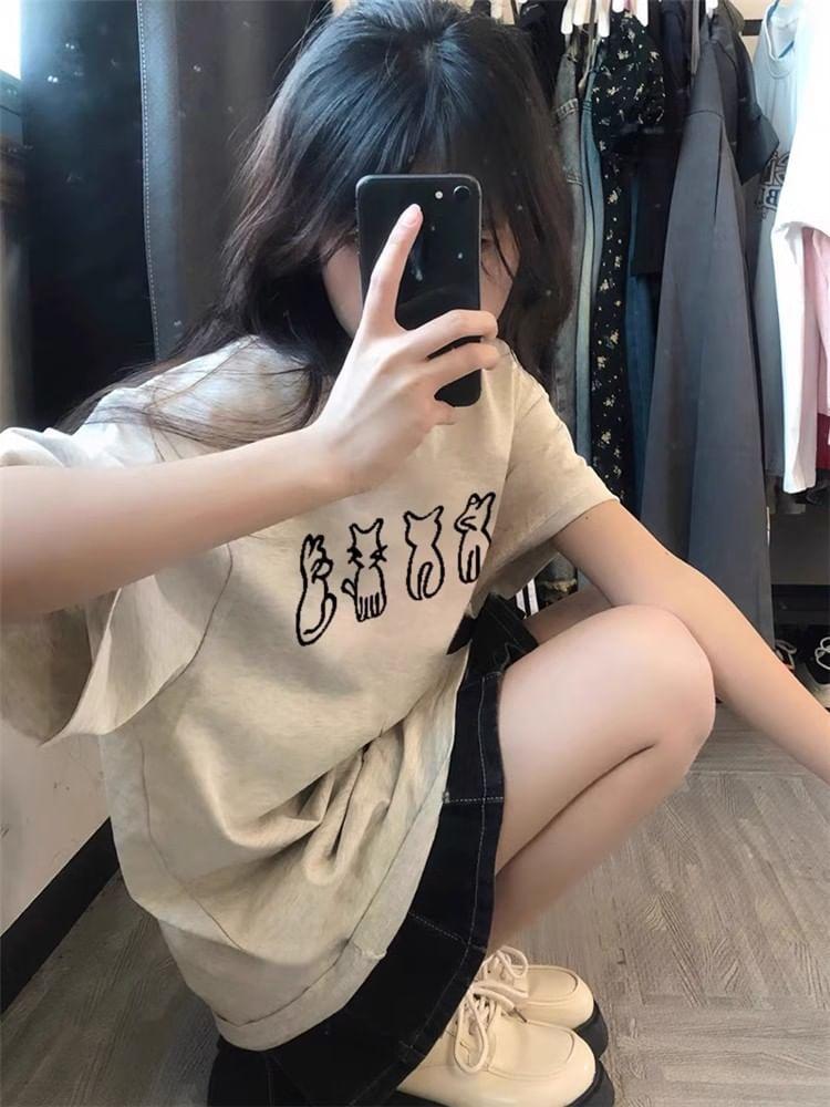 Short Sleeve Crew Neck Cat Print Oversized T-Shirt Product Image