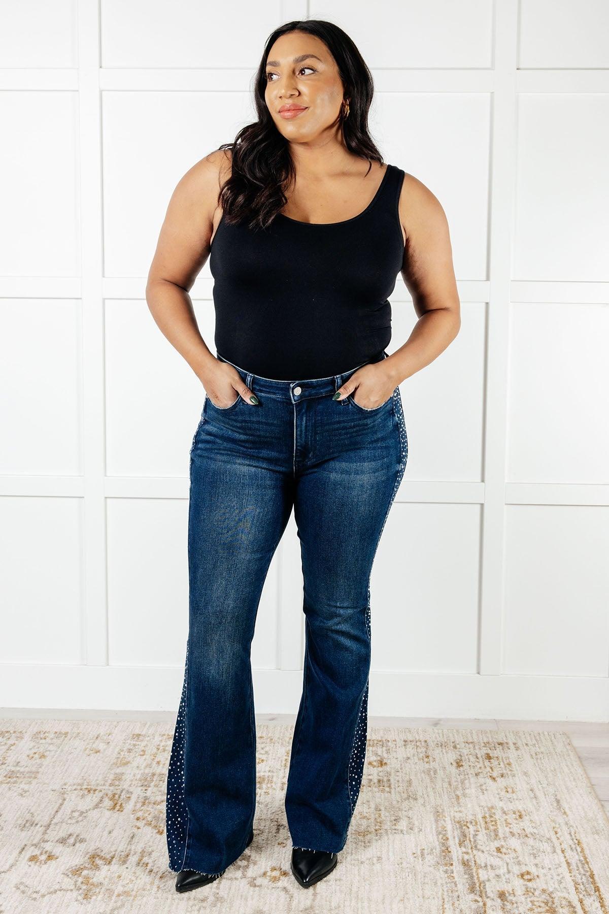 Judy Blue Mid Rise Rhinestone Detail Flare Jeans Product Image