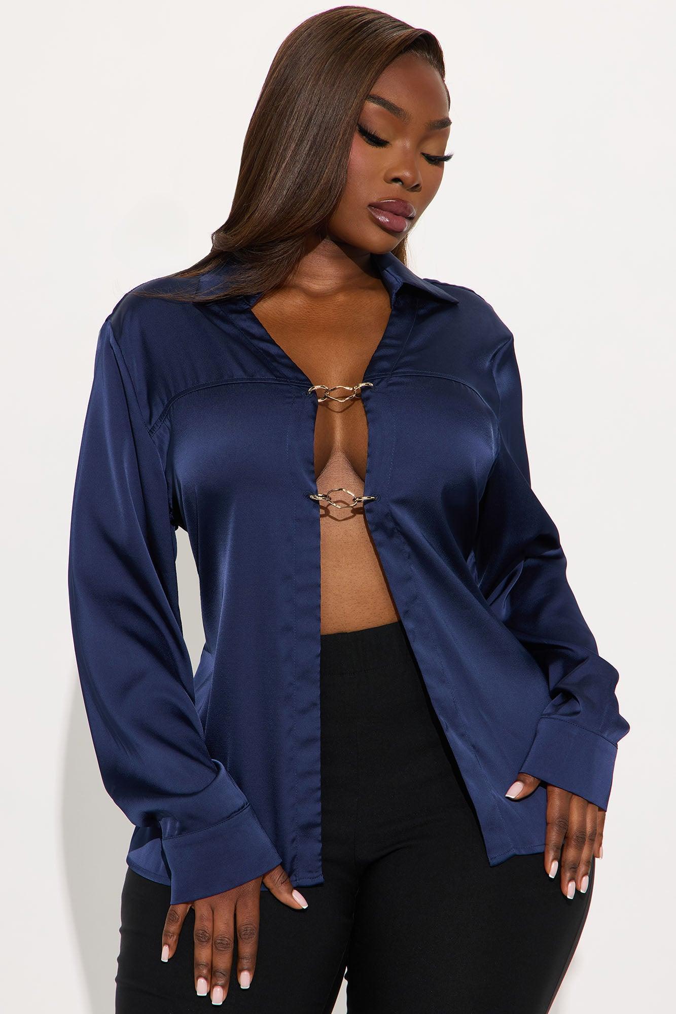 Glowing In Satin Blouse - Navy Product Image