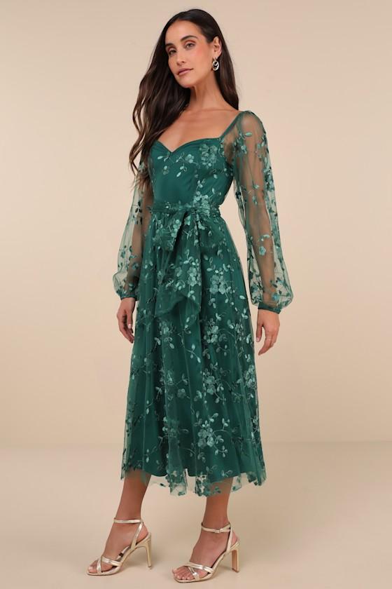 Darling Charisma Emerald Mesh Embroidered Midi Dress Product Image