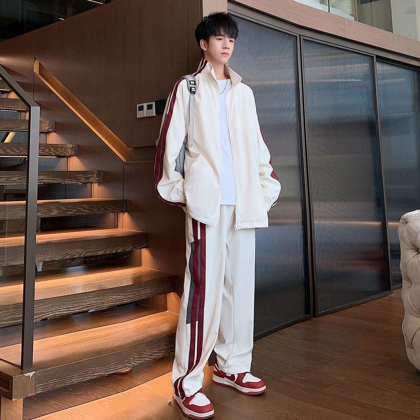 Set: Stand Collar Striped Zip Jacket + Mid Rise Striped Sweatpants Product Image