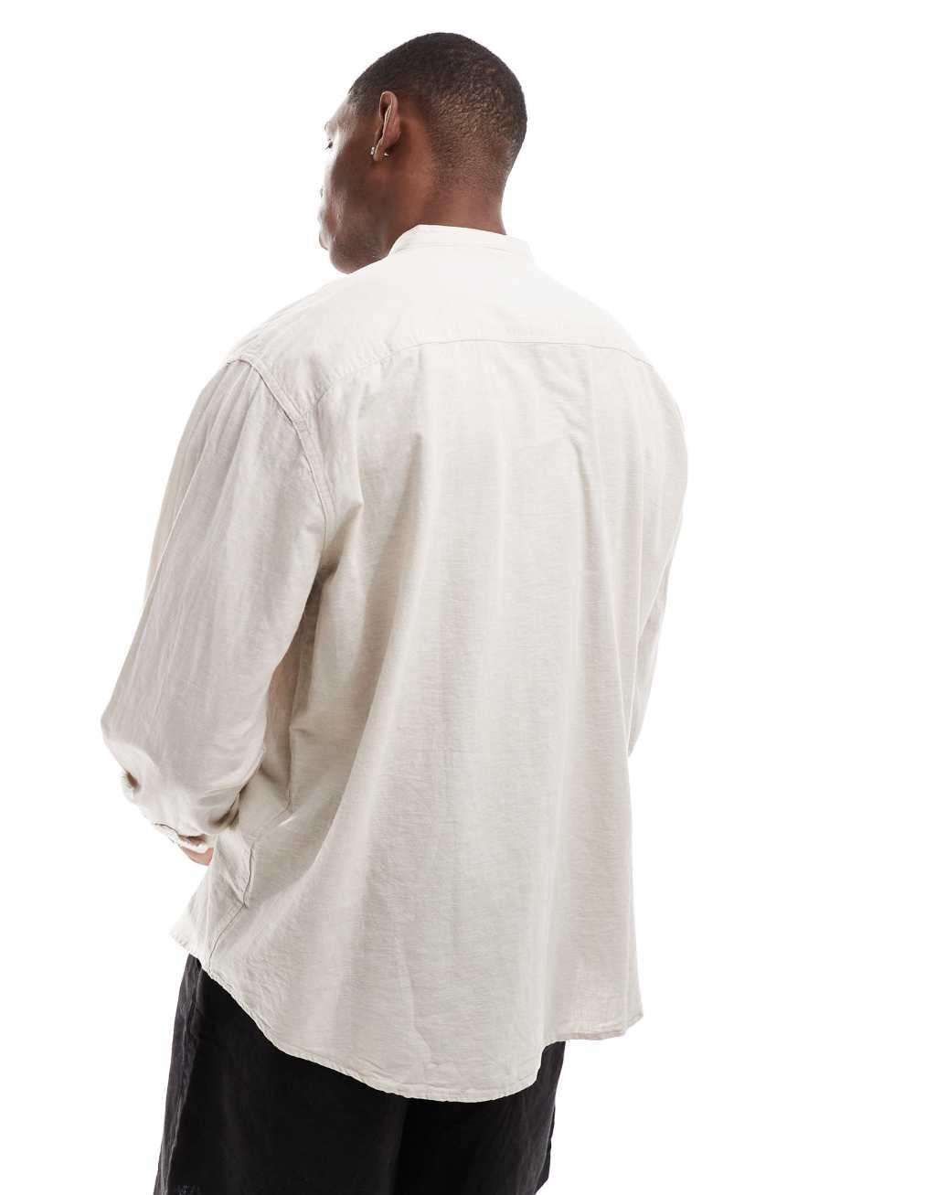 Selected Homme oversized linen mix standing collar shirt in beige Product Image