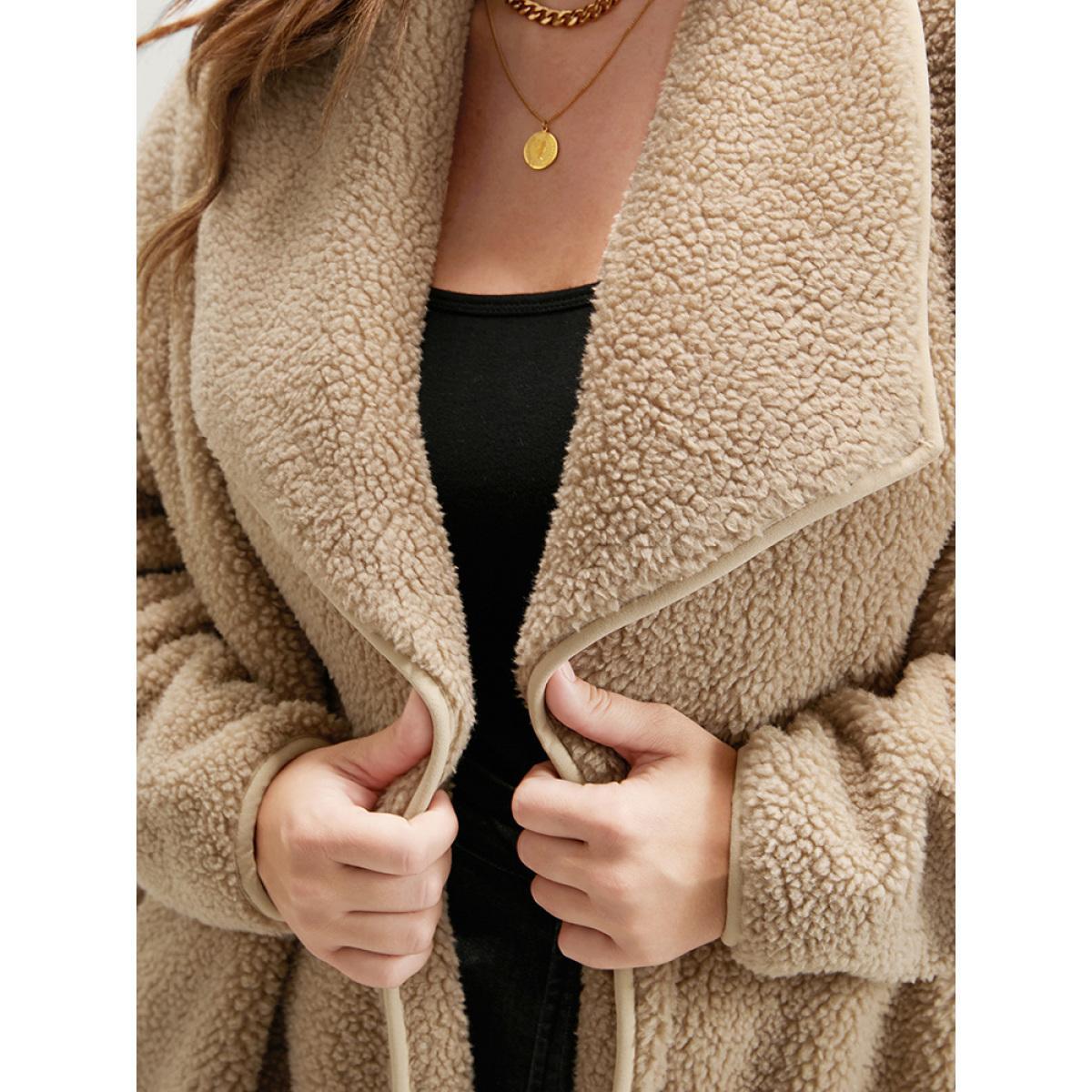 Plus Size Solid Pocket Open Front Teddy Coat Women LightBrown Casual Plain Loose Ladies Dailywear Winter Coats BloomChic 22-24/3X Product Image