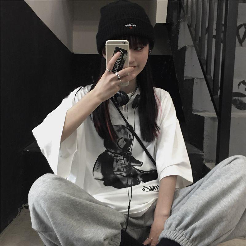 Oversized Lettering Teddy Bear Elbow-Sleeve T-Shirt Product Image