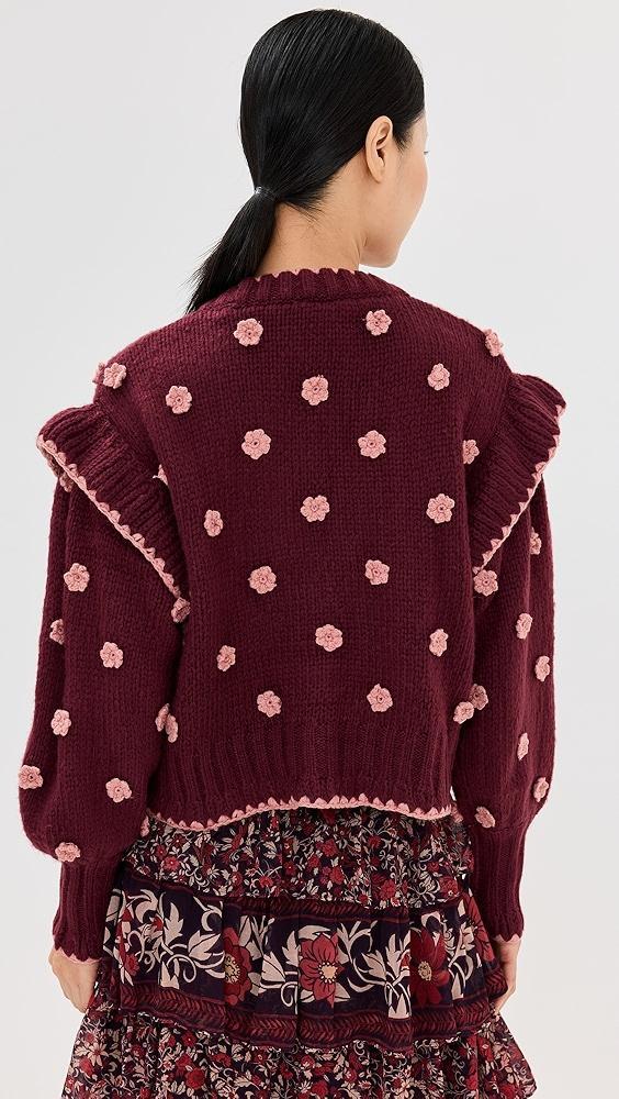 FARM Rio Burgundy Crochet Flowers Knit Cardigan | Shopbop Product Image