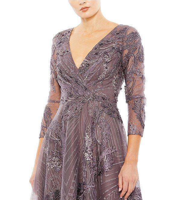 Mac Duggal Embroidered Surplice V-Neck 3/4 Sleeve Tea Length A-Line Dress Product Image