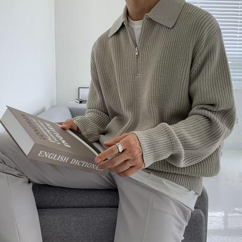 Half Zip Plain Polo Sweater Product Image