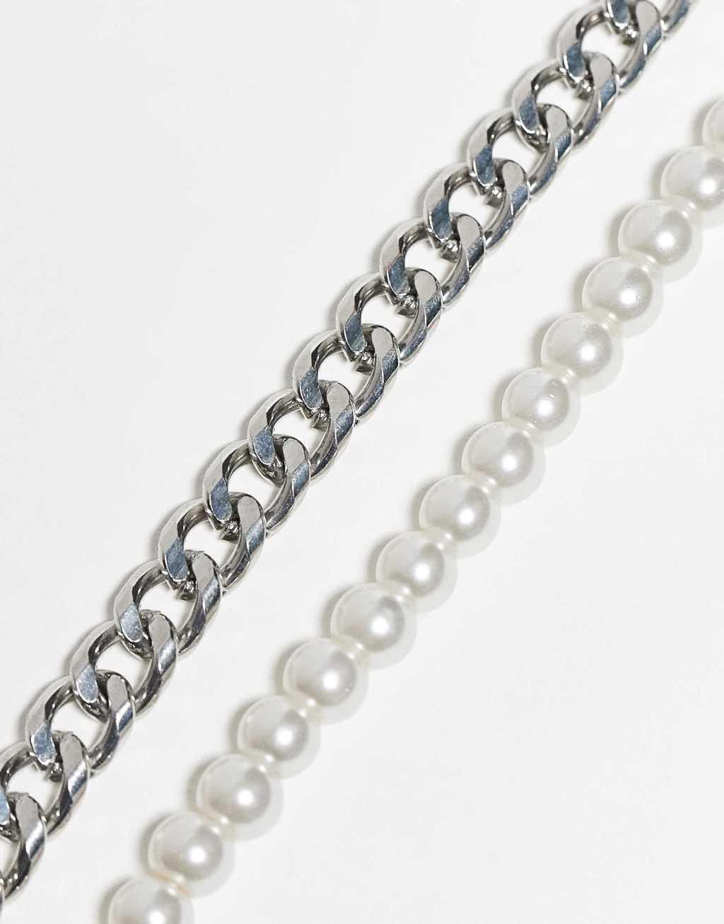 ASOS DESIGN 2 pack bracelet set with chain and 6mm faux pearl in silver tone Product Image