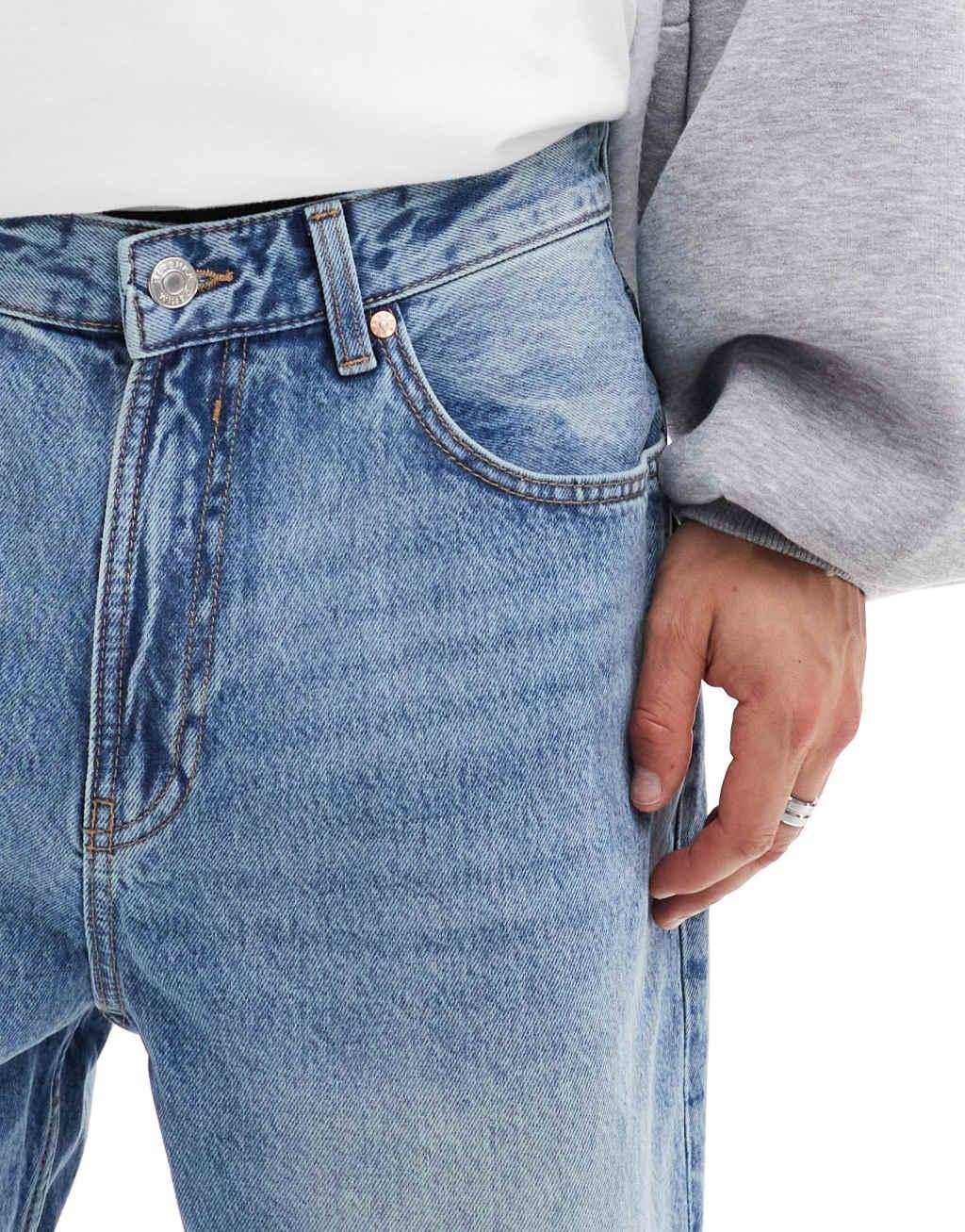 Bershka loose fit jeans in mid wash blue Product Image