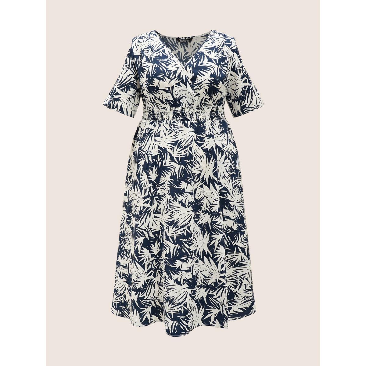 Plus Size Tropical Print Overlap Collar Shirred Cut Out Dress DarkBlue Women Resort Overlapping Overlap Collar Short sleeve Curvy Midi Dress BloomChic 12/L Product Image