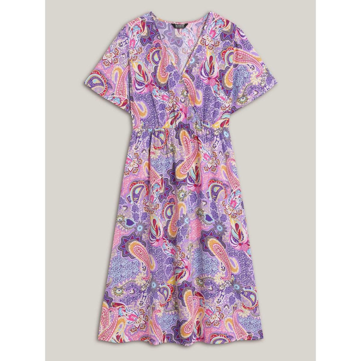 Plus Size Sweet Paisley Print Pockets Stretchy Midi Dress Mauve Women Overlap Collar Short sleeve Curvy BloomChic 22-24/3X Product Image