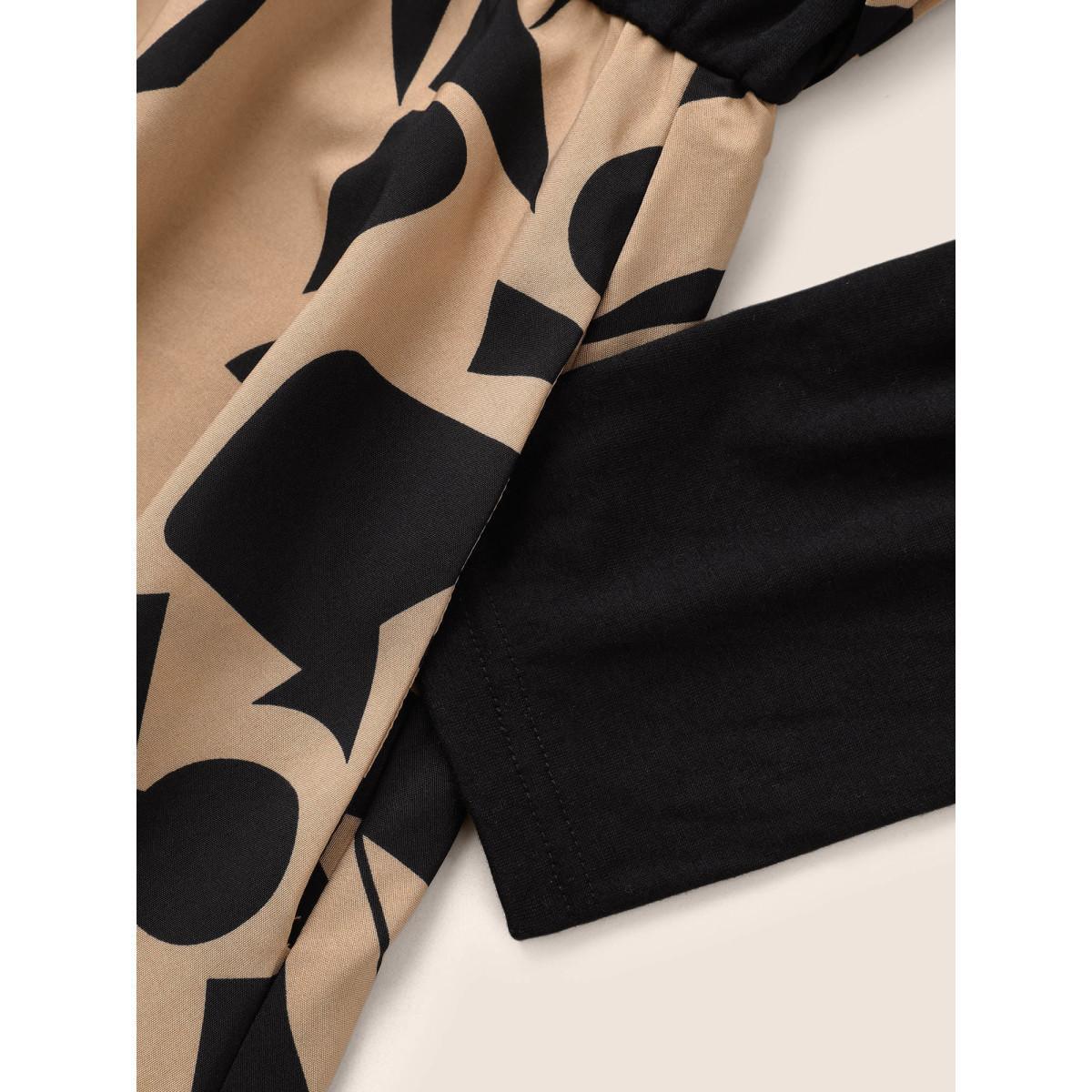 Plus Size Geometric Contrast Patchwork Asymmetrical Neck Belted Dress Black Women At the Office Non Asymmetrical Neck Long Sleeve Curvy Midi Dress BloomChic 14-16/1X Product Image