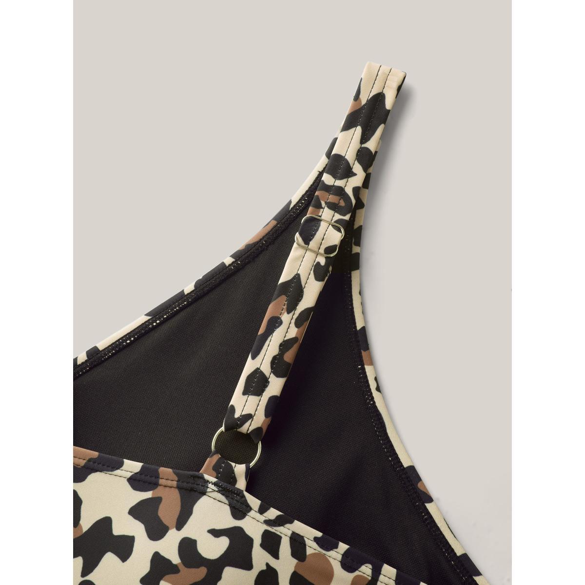 Plus Size Leopard Print Color Block Swim Dress Women's Swimwear LightBrown Beach Bodycon Overlap Collar High stretch Curve Swim Dresses BloomChic 12/L Product Image