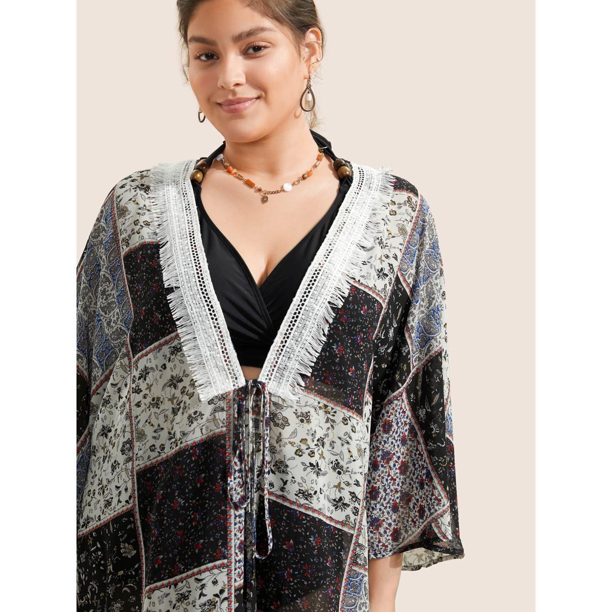 Plus Size Bandana Lace Panel Ties Patchwork Mesh Kimono Women BlackFlower Resort Woven ribbon&lace trim Vacation Kimonos BloomChic 28/5X Product Image