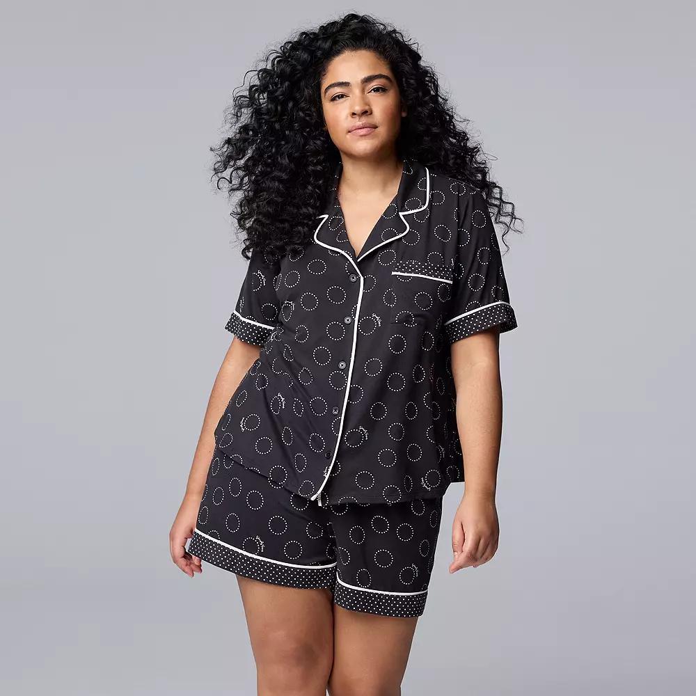 Plus Size Simply Vera Vera Wang Cozy Short Sleeve Notch Collar Pajama Top & Boxer Pajama Shorts Set, Womens Product Image