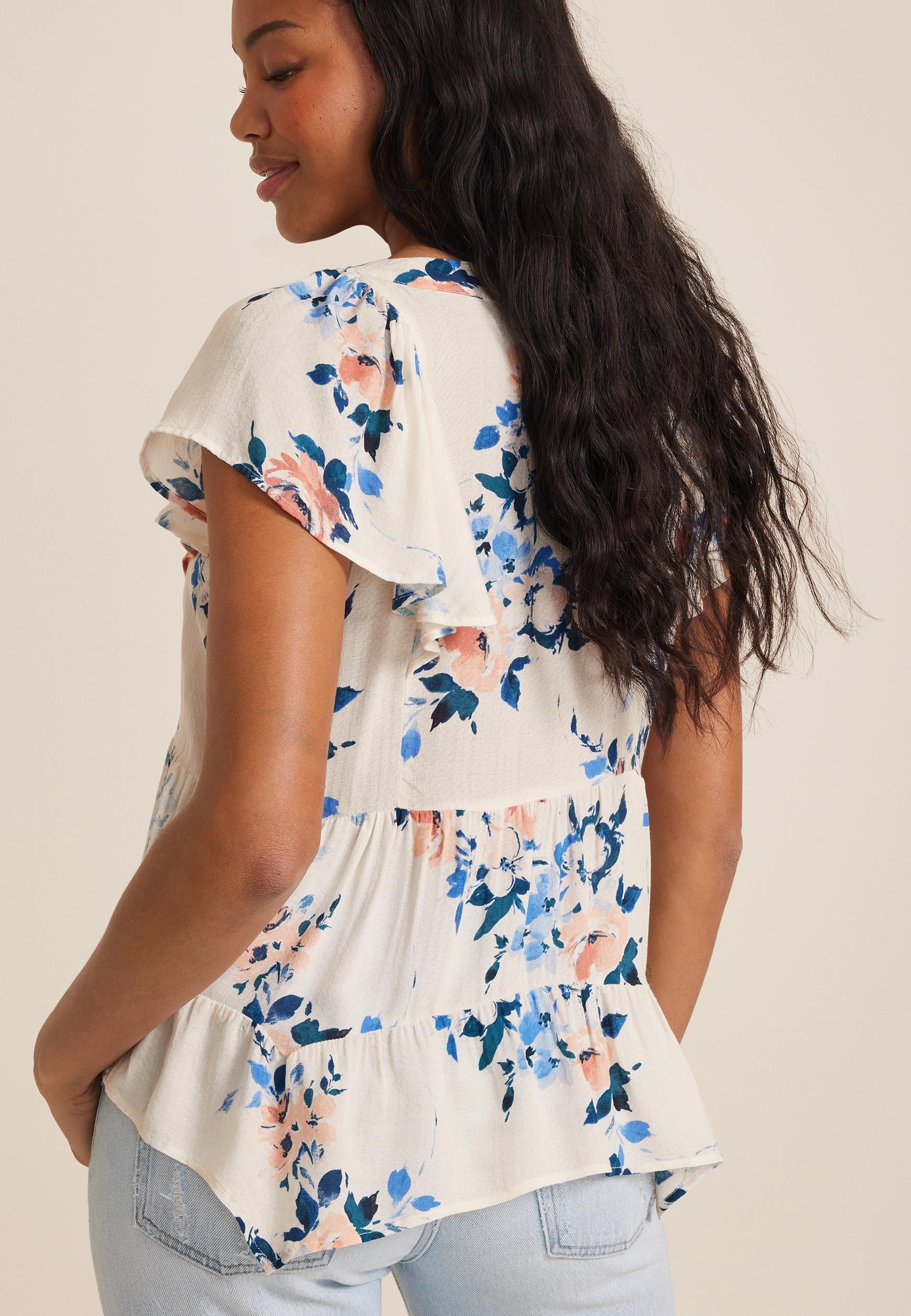 Floral Flutter Sleeve V Neck Blouse Product Image