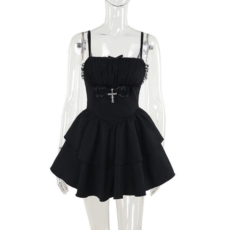 Long-Sleeve Cold Shoulder Corset Waist Plain Mini A-Line Dress / Long-Sleeve Shrug Product Image