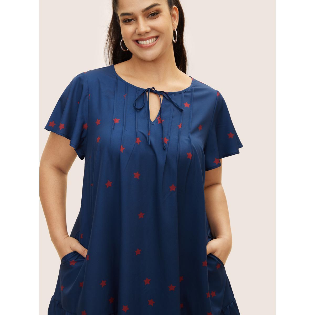 Plus Size Star Pleated Tie Knot Ruffle Sleeve Dress Mediumblue Women Casual Notched collar Short sleeve Curvy BloomChic 30/6X Product Image