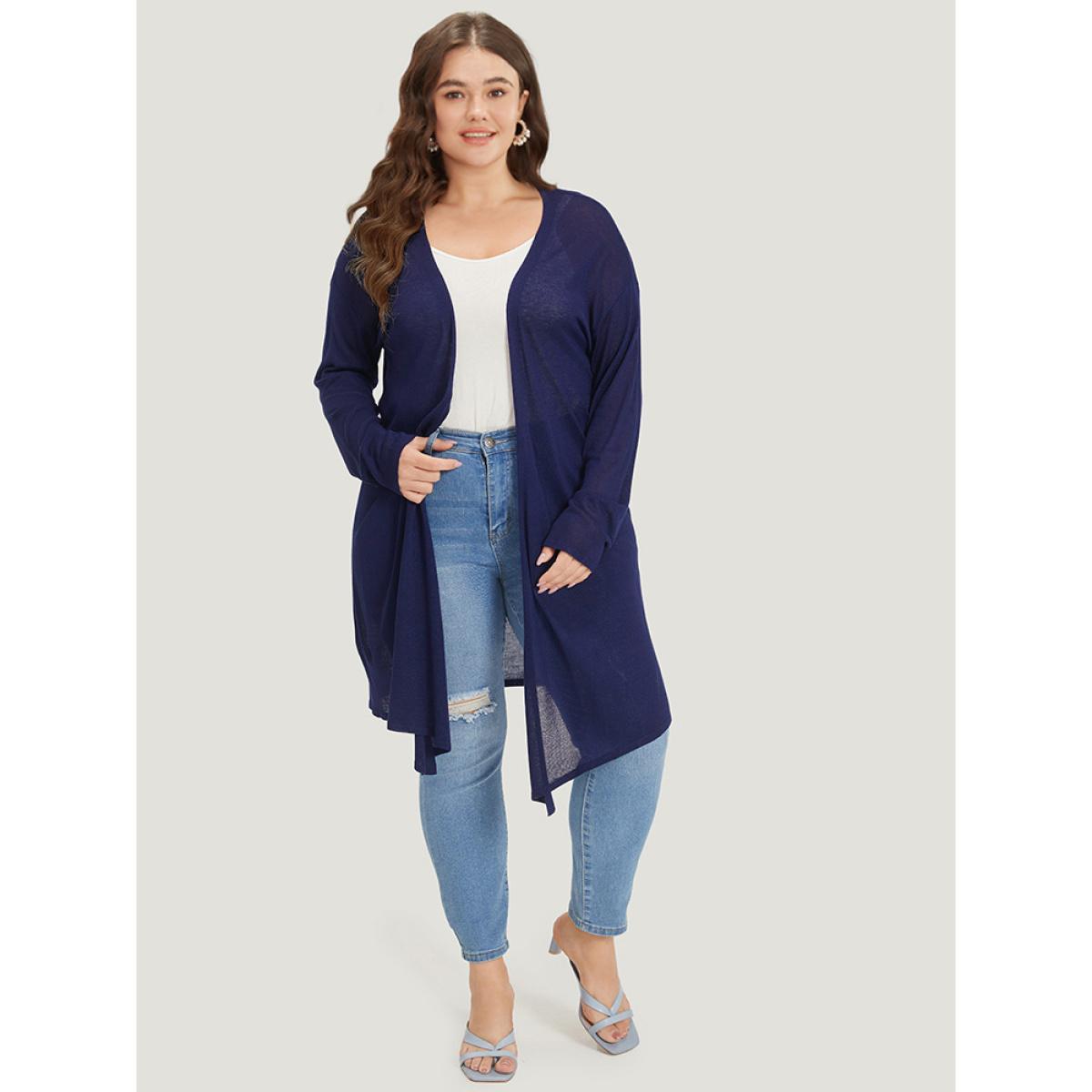 Plus Size Supersoft Essentials Plain Asymmetrical Hem Open Front Cardigan Indigo Women Casual Loose Long Sleeve Dailywear Cardigans BloomChic 30/6X Product Image