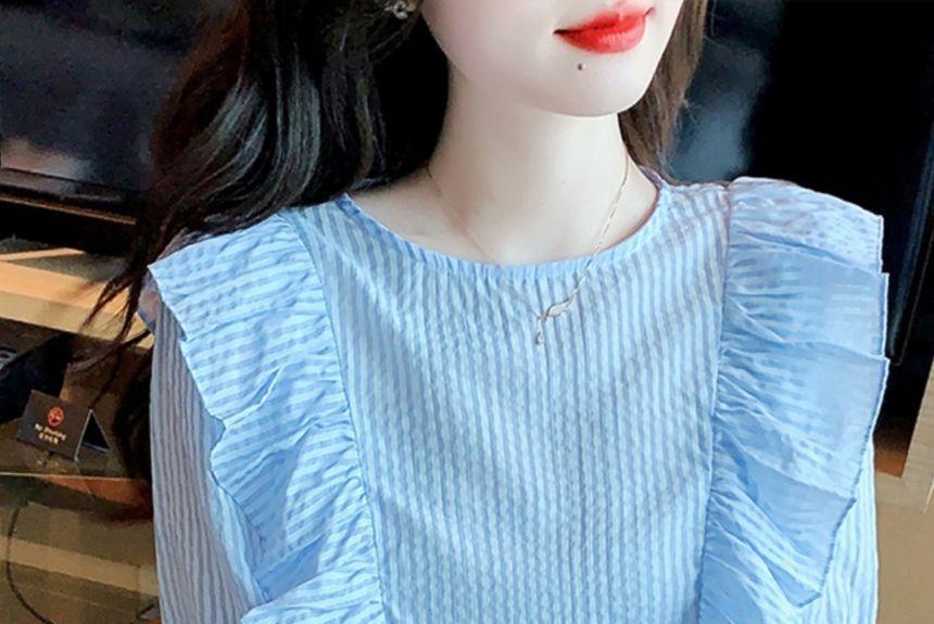 Elbow-Sleeve Striped Ruffle Blouse Product Image