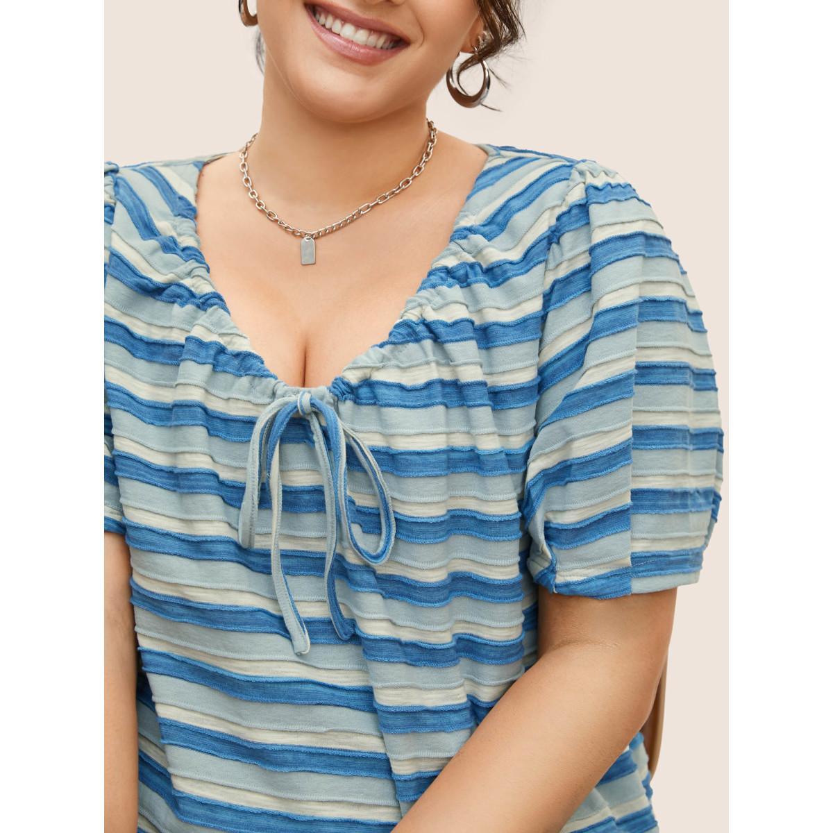 Plus Size V Neck Textured Striped Tie Knot T-shirt Skyblue Women Casual Texture V-neck Everyday T-shirts BloomChic 10/M Product Image