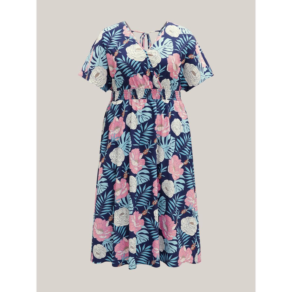 Plus Size Tropical Print Back-Tie Shirred Midi Dress DarkBlue Women Overlap Collar Short sleeve Curvy BloomChic 26/4X Product Image