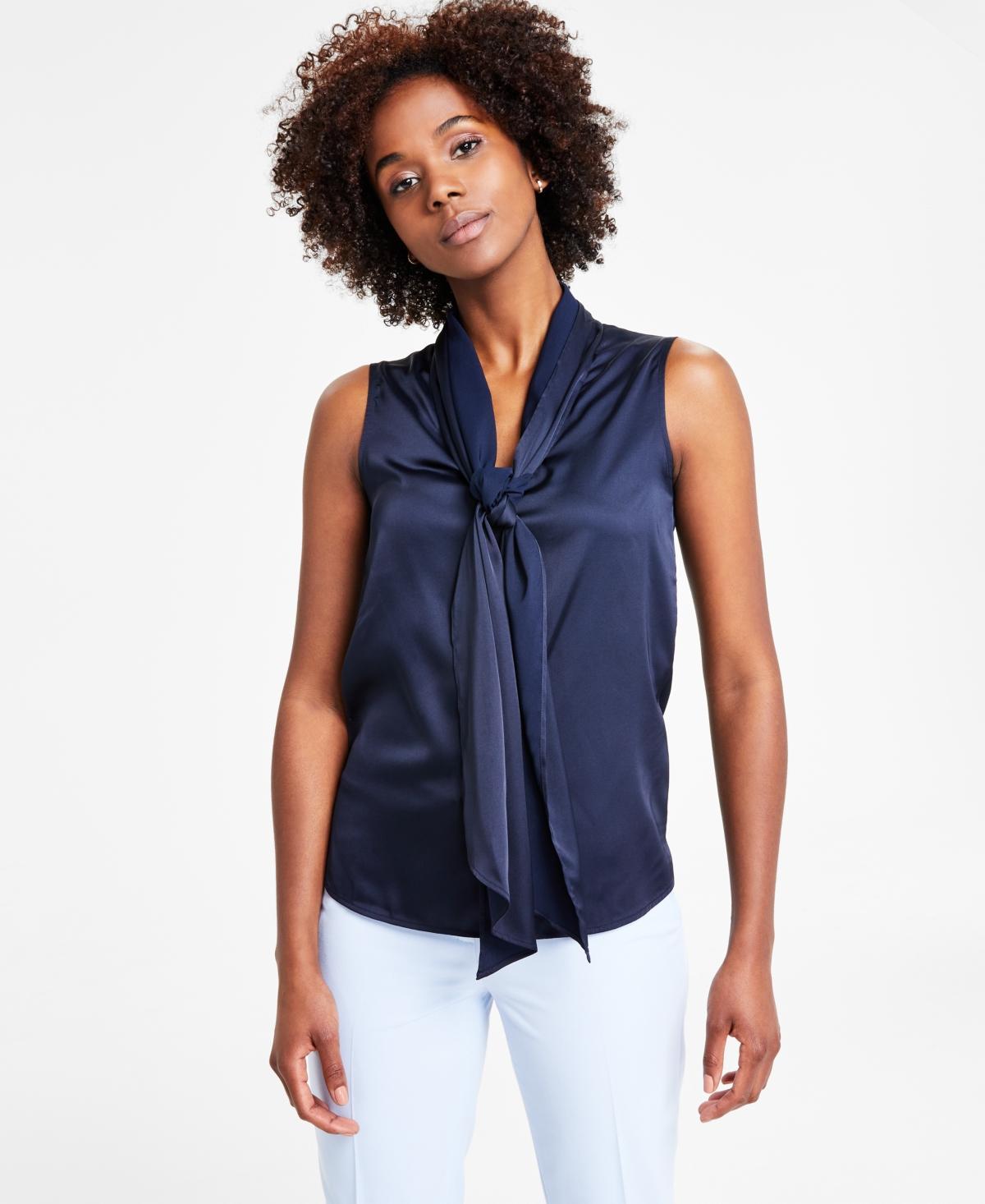 Bar Iii Womens Tie-Neck Sleeveless Satin Blouse, Created for Macys Product Image