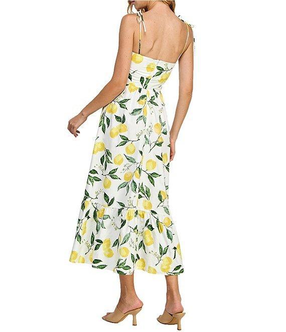 Layered With Love V-Neck Tie Shoulder Lemon Fruit Printed Poplin A-Line Midi Dress Product Image