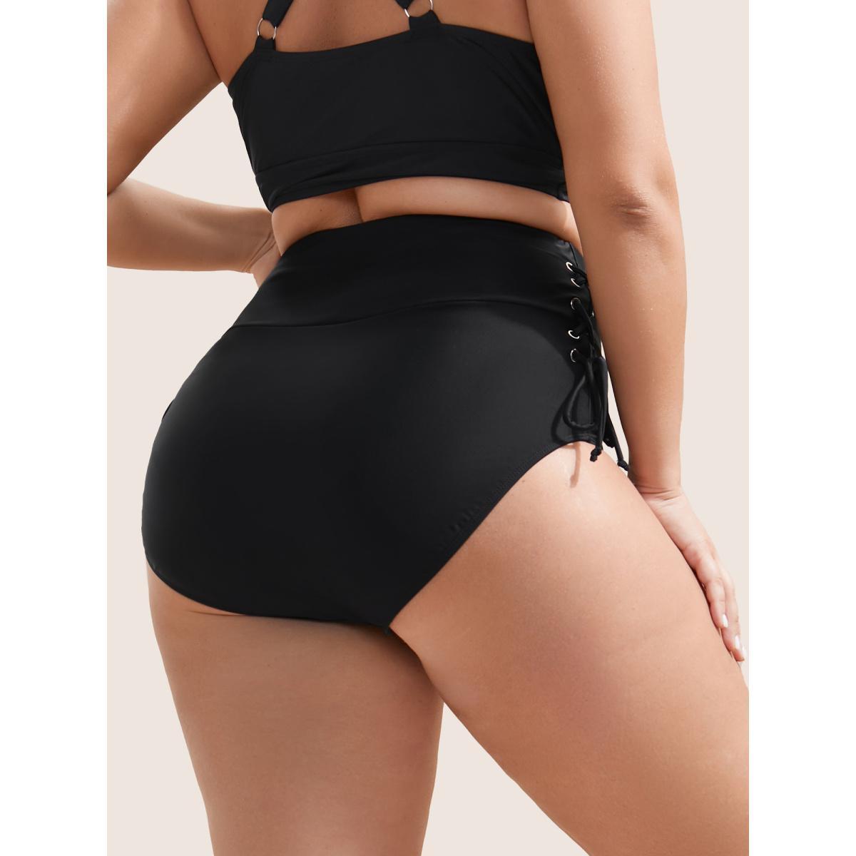 Plus Size Plain Lace Up Side Skinny Swim Bottom Women's Swimwear Black Beach Non High stretch Skinny High Rise Curve Swim Bottoms BloomChic 26/4X Product Image
