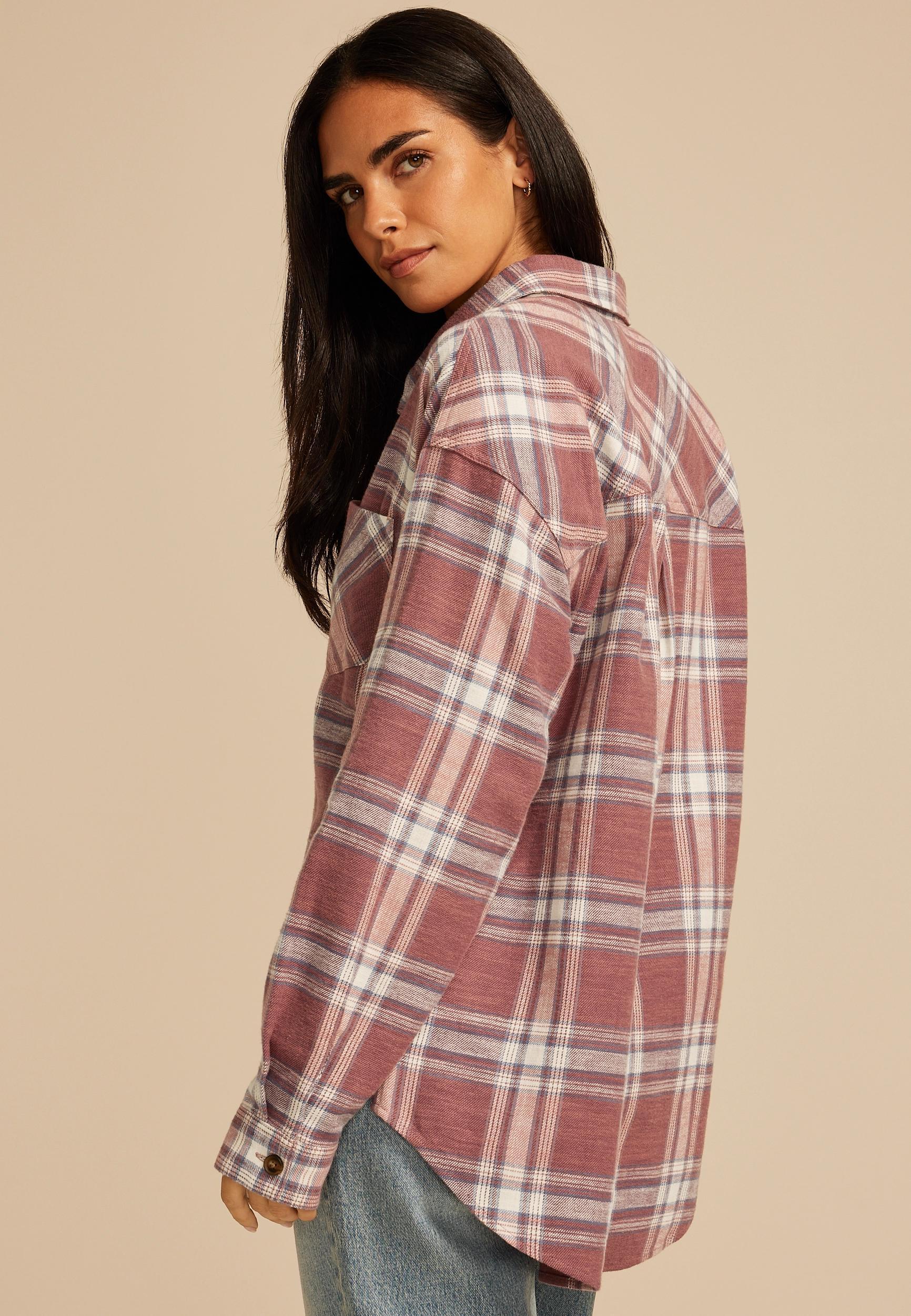 Cabin Plaid Boyfriend Tunic Button Down Shirt Product Image