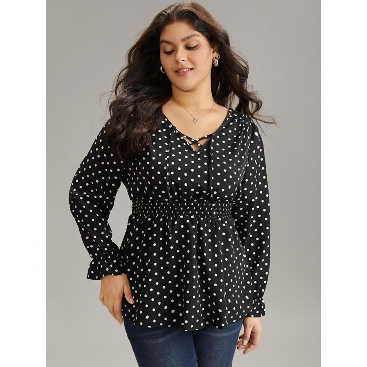 Plus Size Black Polka Dot Lace Up Shirred Flutters Blouse Women Office Long Sleeve V-neck Work Blouses BloomChic 26/4X Product Image