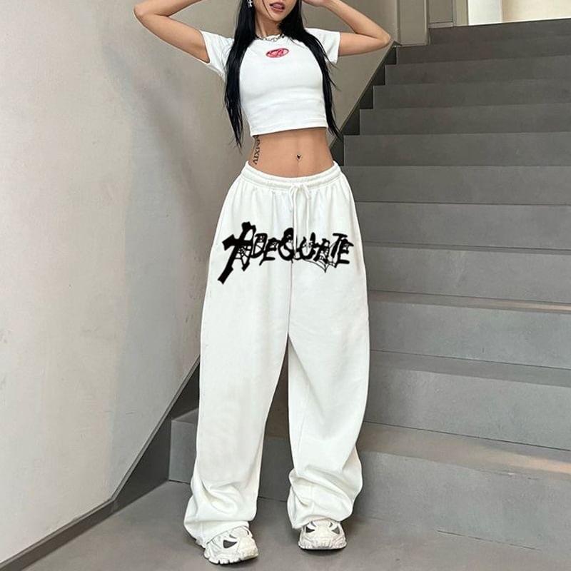 Drawstring Waist Lettering Print Wide Leg Sweatpants Product Image