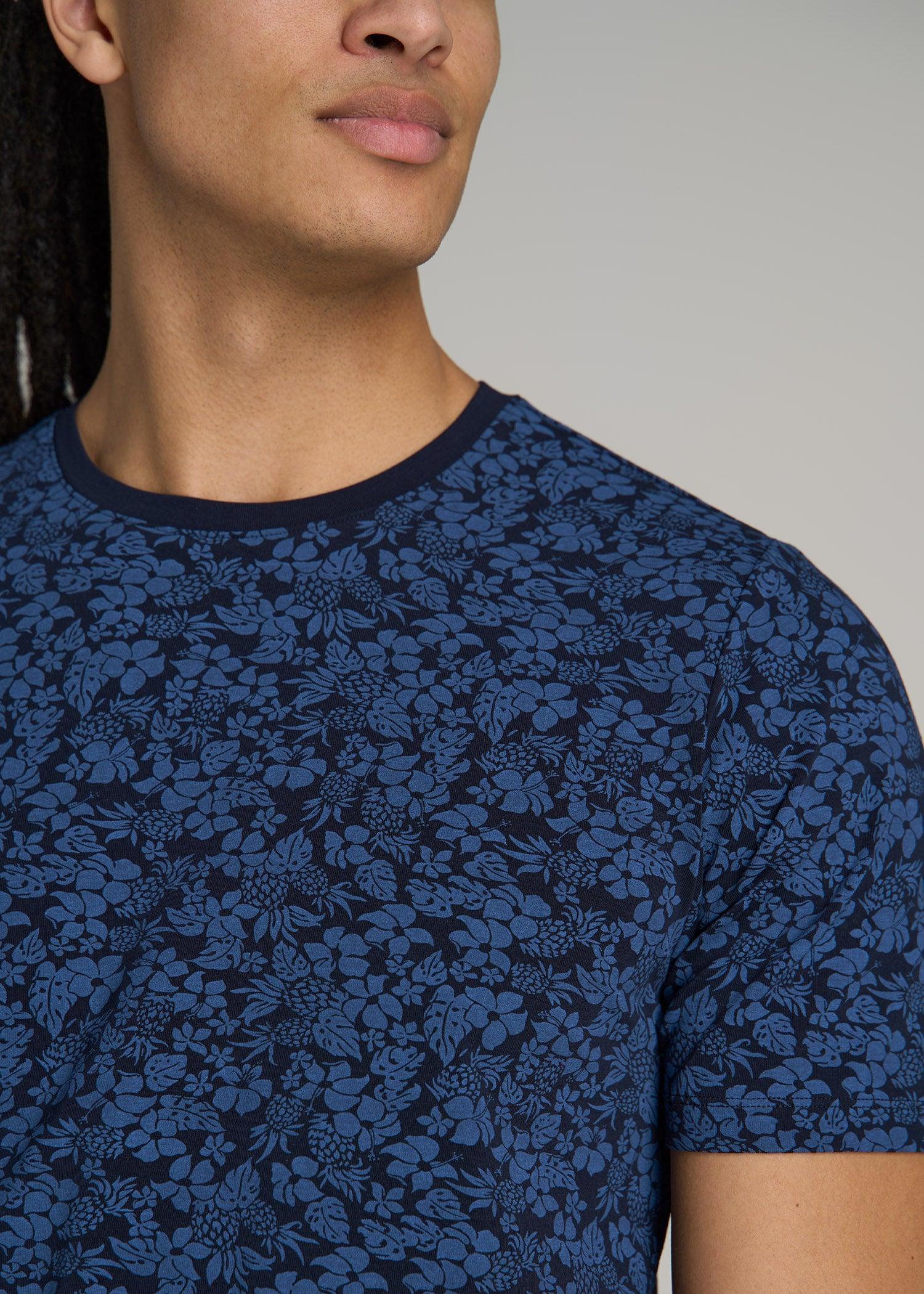 Stretch Pima Cotton Printed Tee for Tall Men in Blue Hibiscus Male Product Image