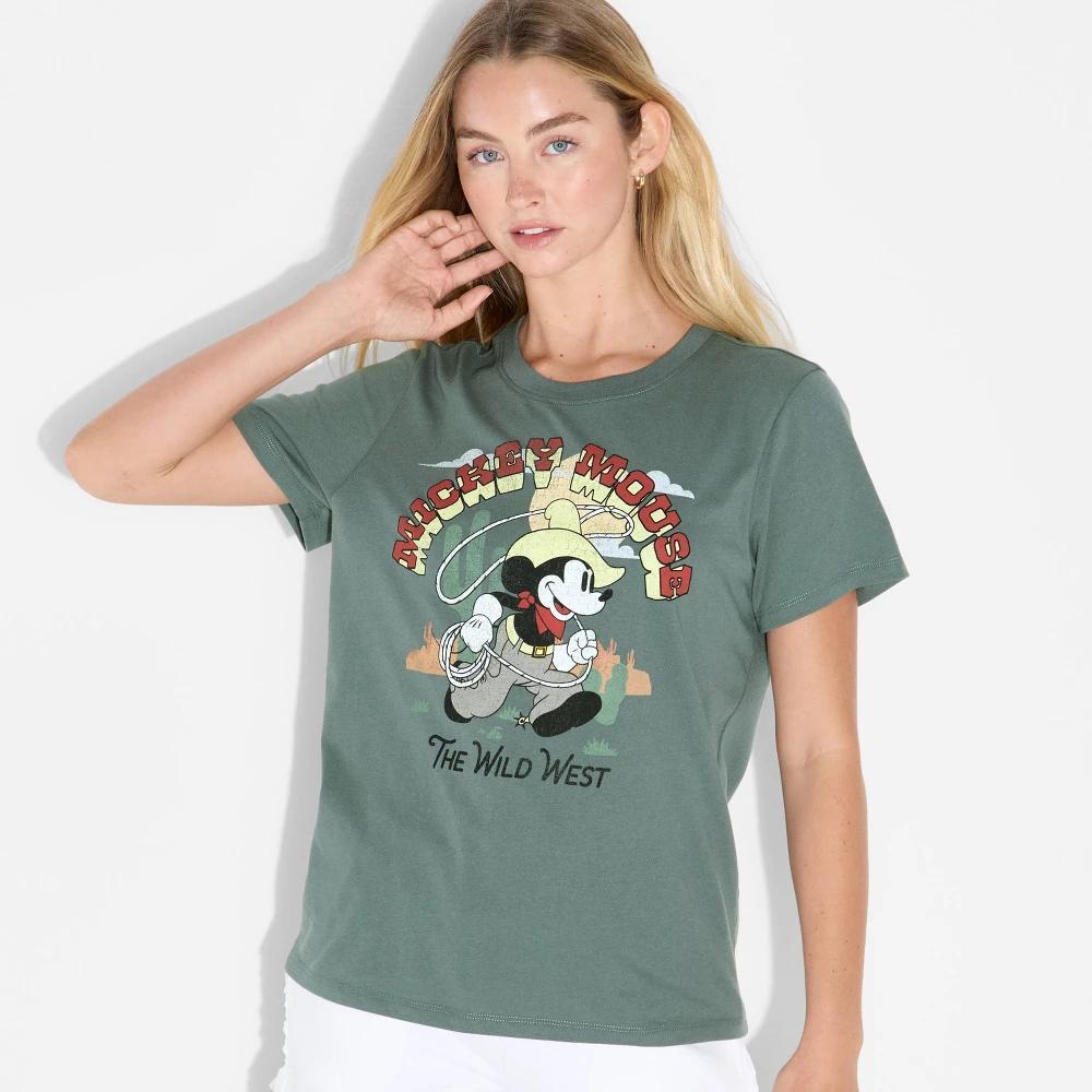 Women's Wild West Mickey Short Sleeve Graphic T-Shirt - Green Product Image