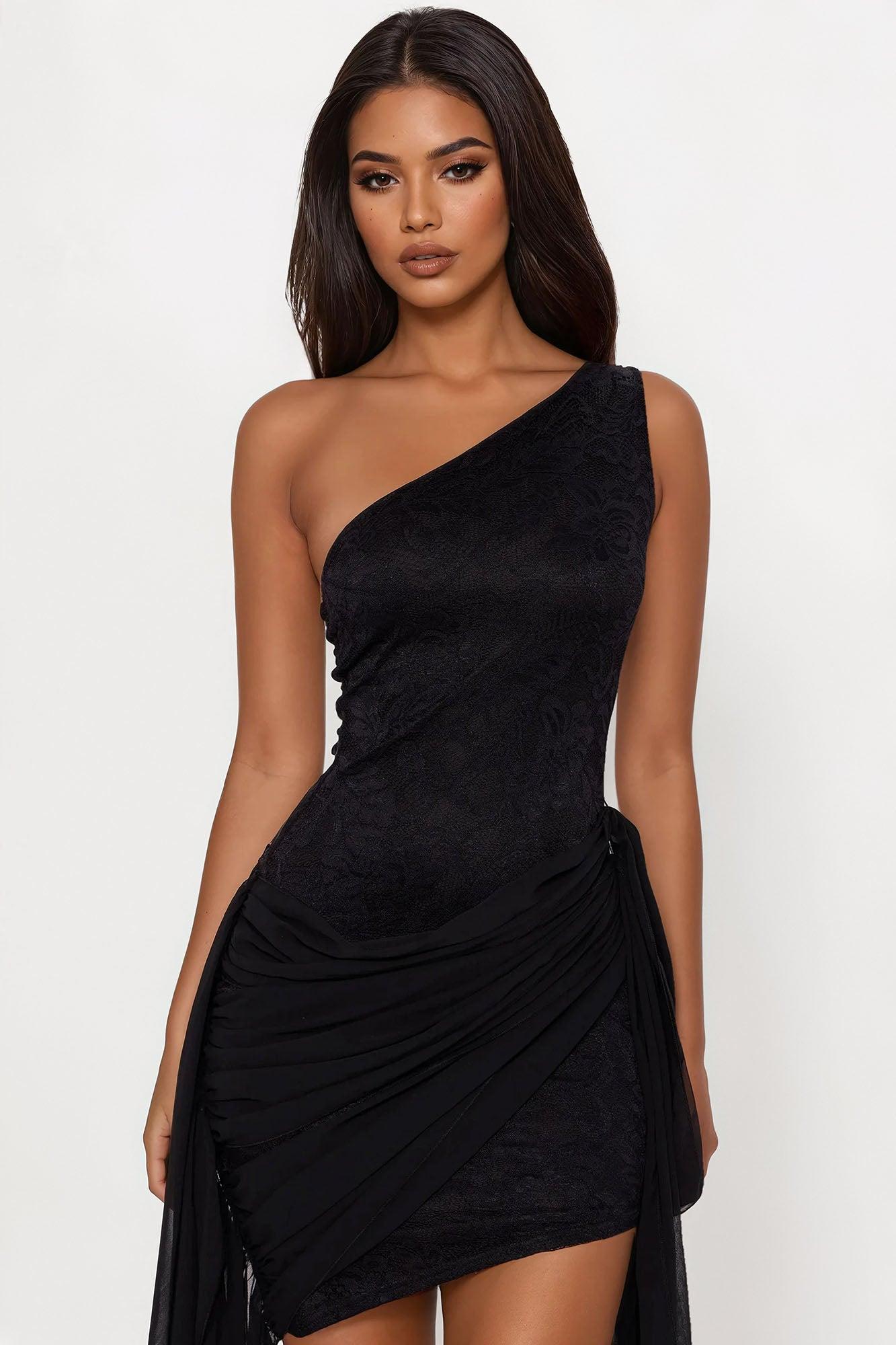 Valia Lace Draped Mini Dress - Black Product Image