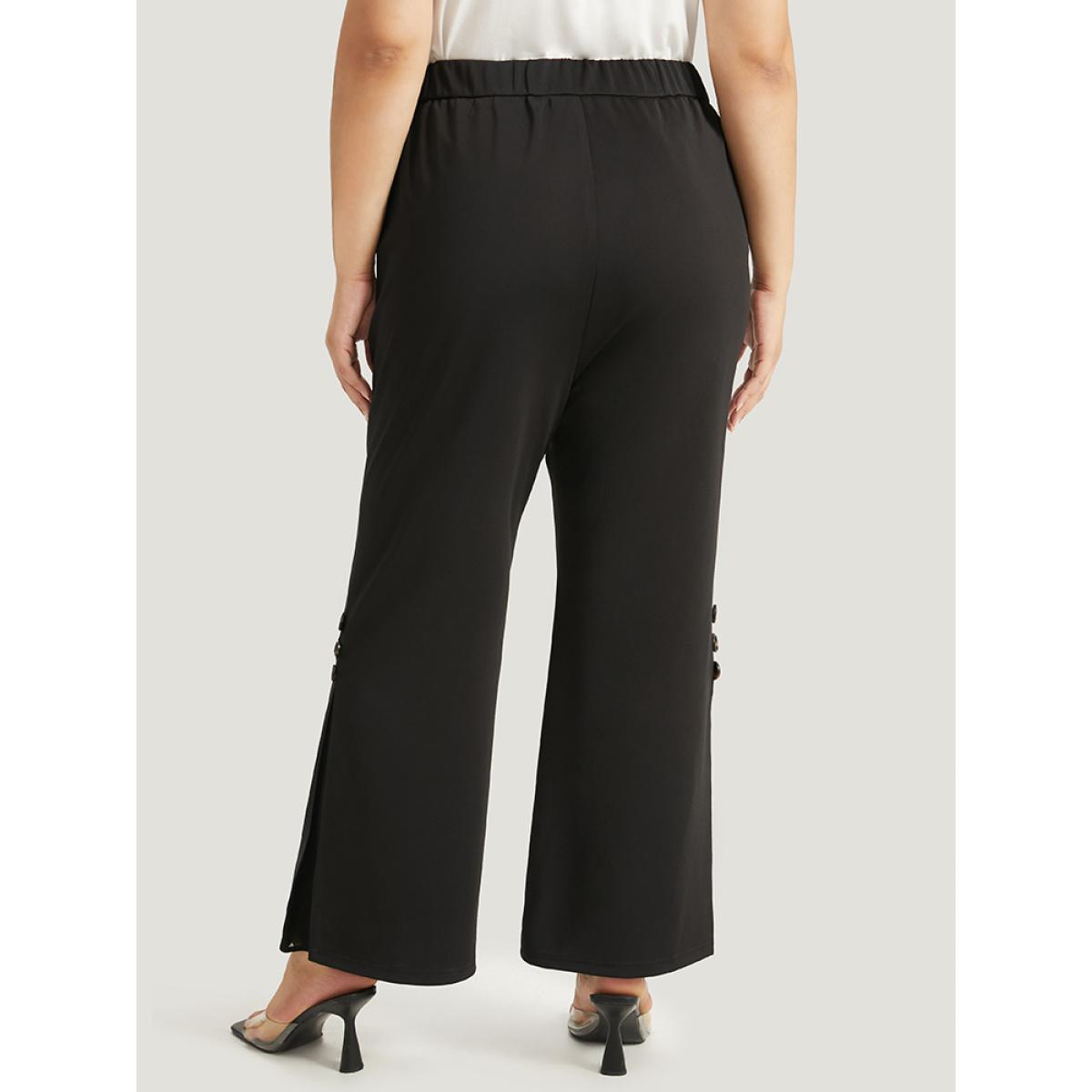 Plus Size Plain Button Detail Elastic Waist Mesh Patchwork Pants Women Black Elegant Bootcut High Rise Dailywear Pants BloomChic 10/M Product Image