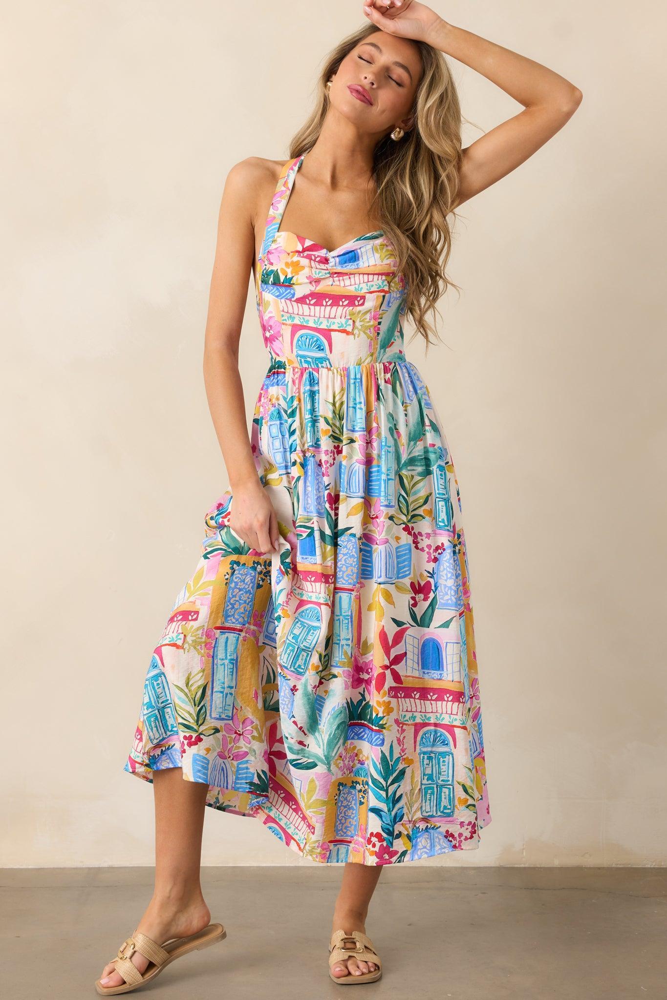 Seaside Brunch Blue Multi Tropical Print Maxi Dress Product Image