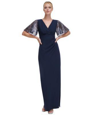 Dkny Womens V-Neck Sequin Flutter-Sleeve Gown Product Image