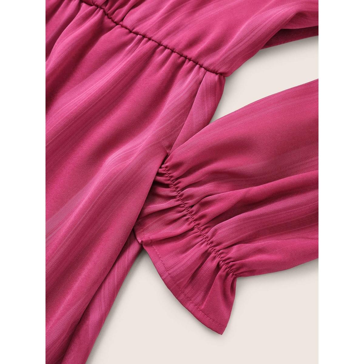 Plus Size Striped Elastic Waist Wrap Belted Gathered Dress RedViolet Women Elegant Non Overlap Collar Long Sleeve Curvy Midi Dress BloomChic 14-16/1X Product Image