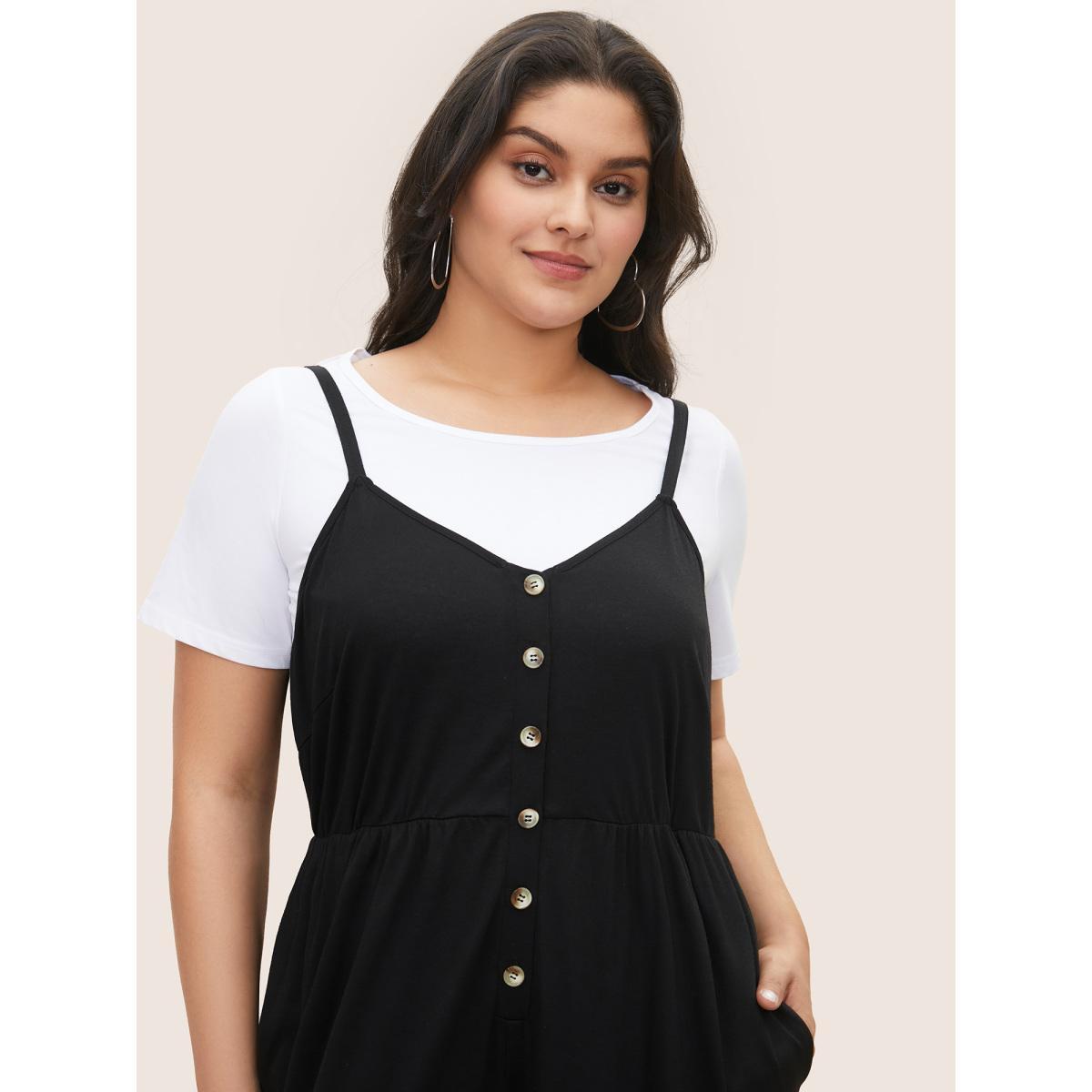 Plus Size Black Solid Button Detail Gathered Jumpsuit Women Casual Sleeveless Non Everyday Loose Jumpsuits BloomChic 18-20/2X Product Image
