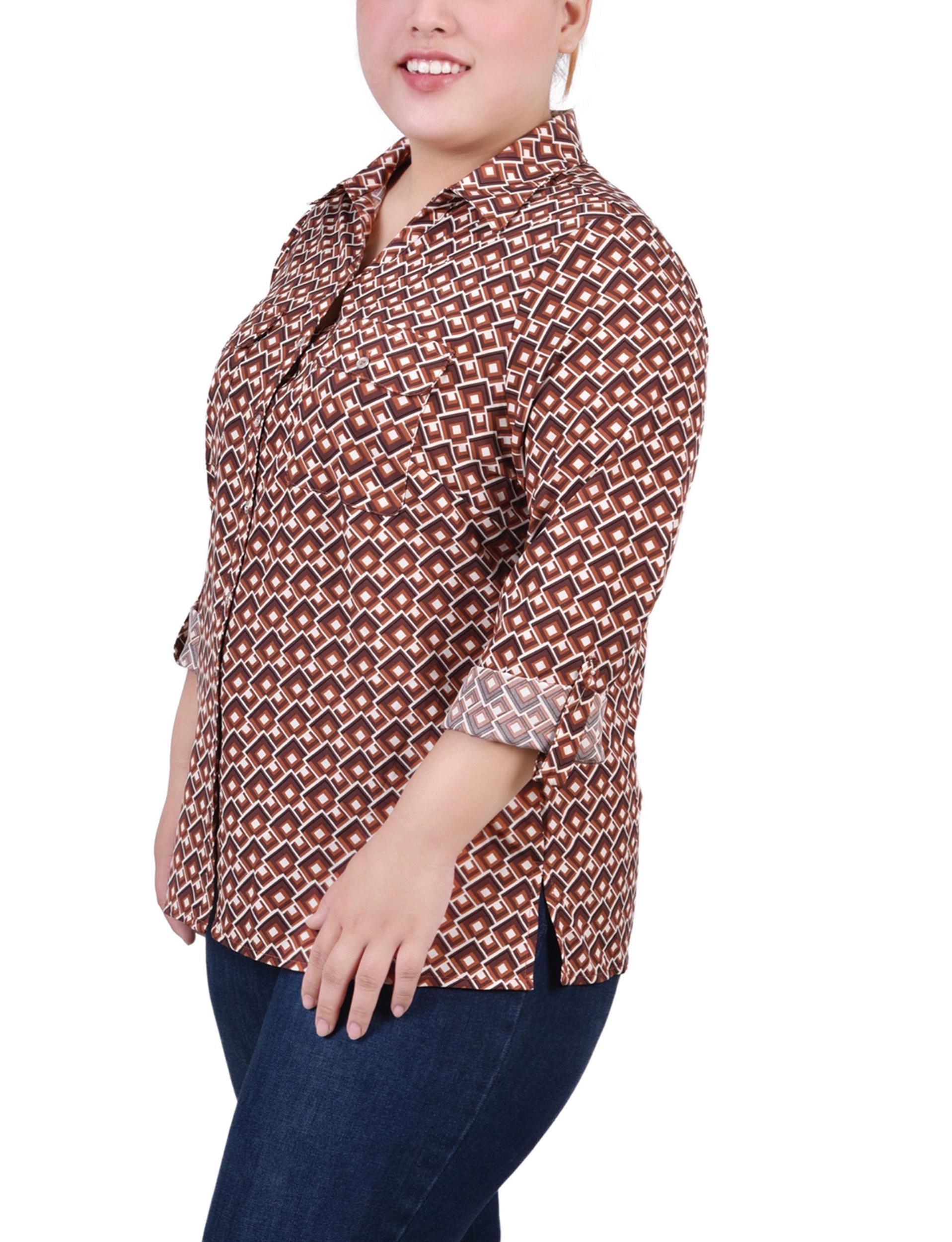 Yellow 3/4 Roll Tab Blouse With Pockets - Plus Size Product Image