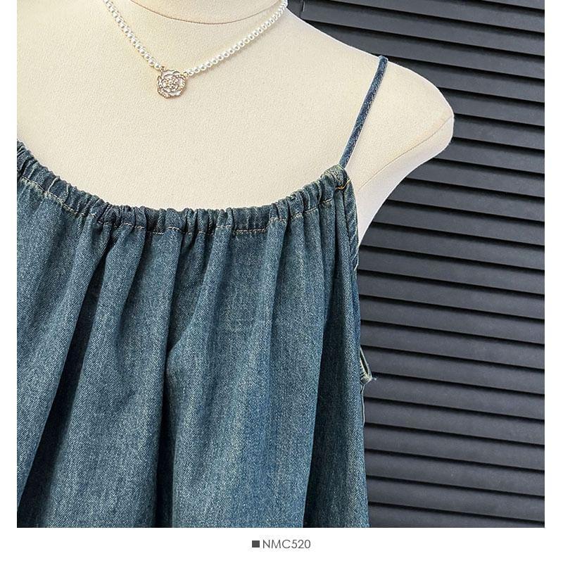 Set: Tie-Back Asymmetrical Denim Top + High-Waist Denim Wide Shorts Product Image